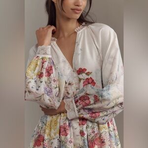New Anthropologie Let Me Be Long-Sleeve V-Neck Floral A-Line Midi Dress Sz L